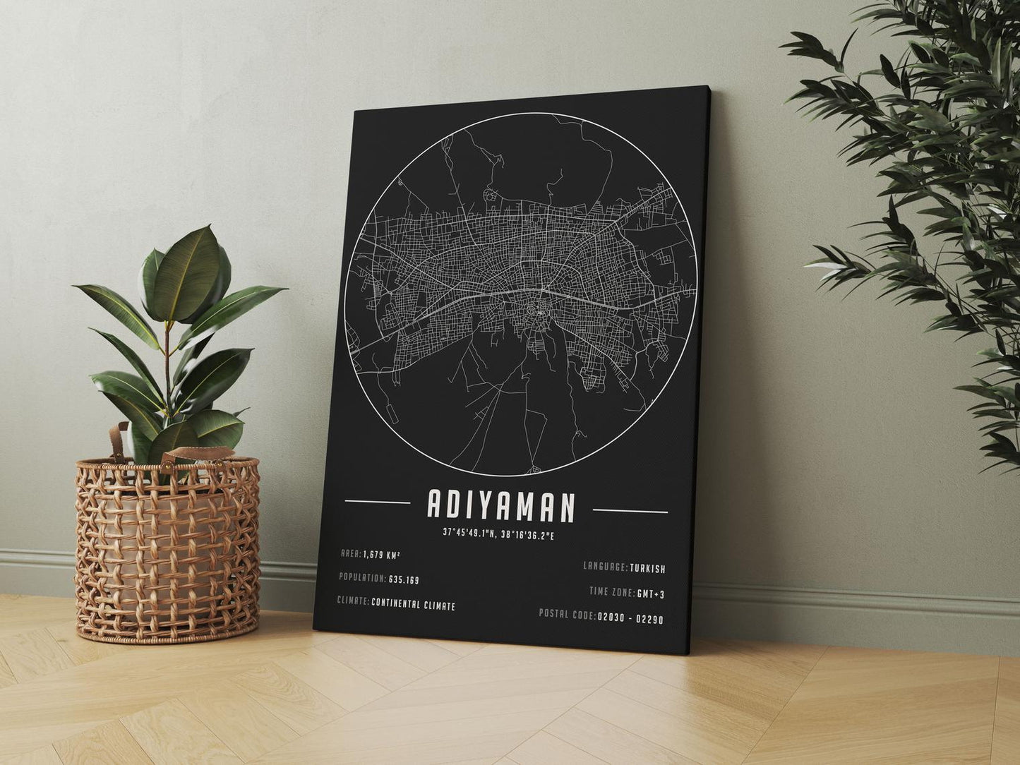 Adıyaman temalı kanvas tablo, 50x70 cm, siyah beyaz, ahşap çerçeveli, modern minimalist duvar dekorasyonu için ideal tasarım