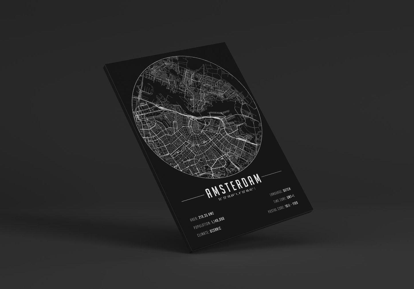 Amsterdam temalı kanvas tablo, 50x70 cm, siyah beyaz, ahşap çerçeveli, modern minimalist duvar dekorasyonu için ideal tasarım