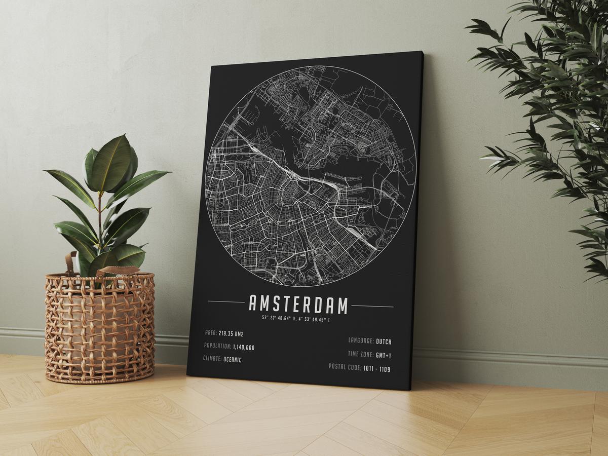 Amsterdam temalı kanvas tablo, 50x70 cm, siyah beyaz, ahşap çerçeveli, modern minimalist duvar dekorasyonu için ideal tasarım