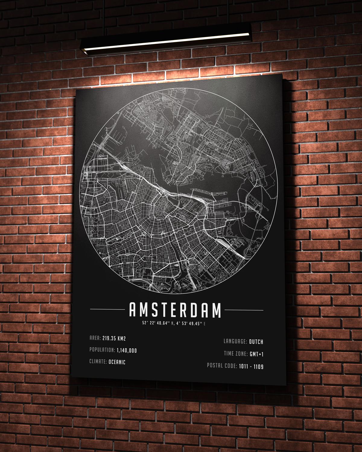 Amsterdam temalı kanvas tablo, 50x70 cm, siyah beyaz, ahşap çerçeveli, modern minimalist duvar dekorasyonu için ideal tasarım