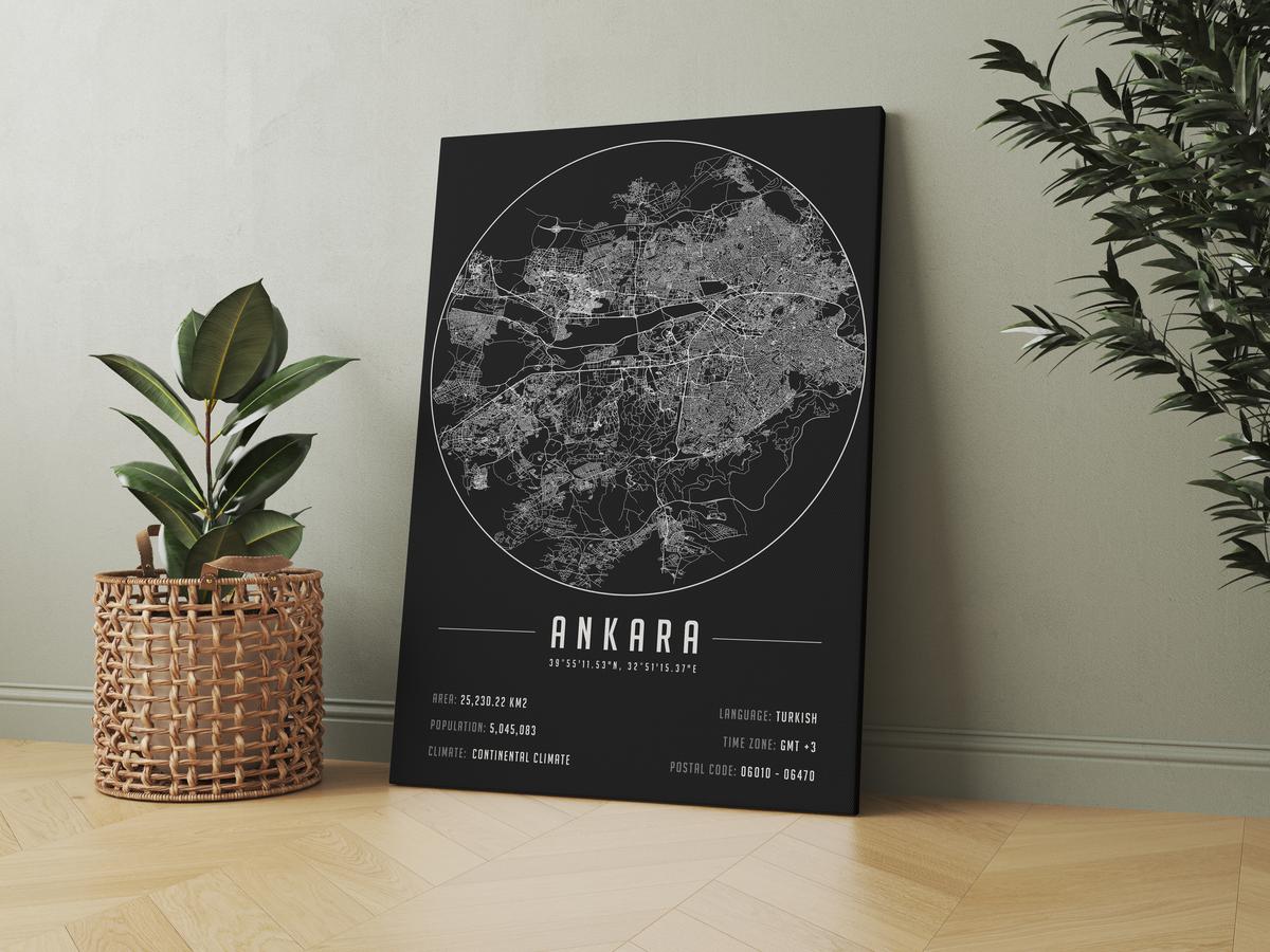 Ankara temalı kanvas tablo, 50x70 cm, siyah beyaz, ahşap çerçeveli, modern minimalist duvar dekorasyonu için ideal tasarım