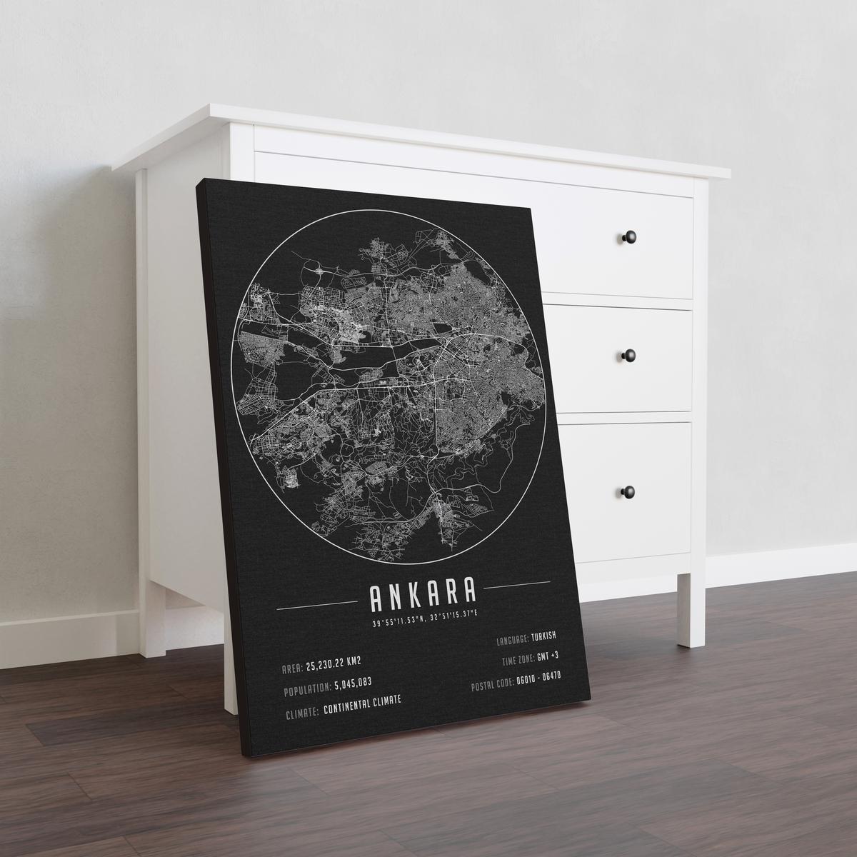 Ankara temalı kanvas tablo, 50x70 cm, siyah beyaz, ahşap çerçeveli, modern minimalist duvar dekorasyonu için ideal tasarım