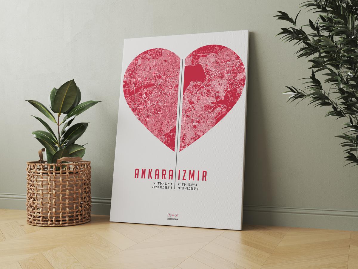Ankara & İzmir temalı kanvas tablo, 50x70 cm, sevgililer günü, ahşap çerçeveli, duvar dekorasyonu için tasarım bir hediye