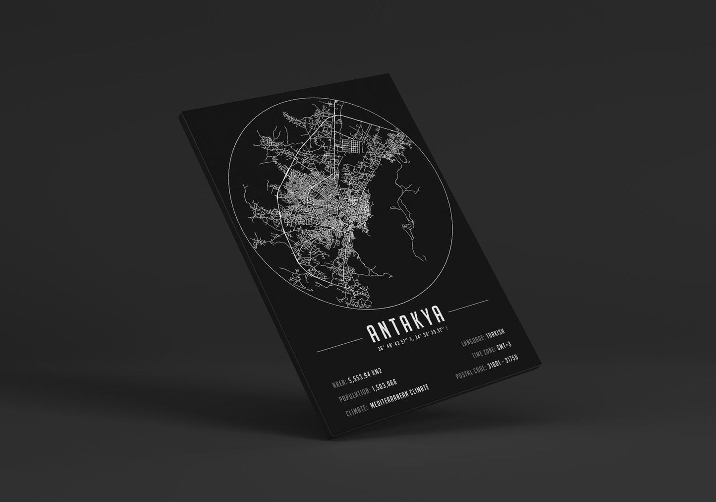 Antakya temalı kanvas tablo, 50x70 cm, siyah beyaz, ahşap çerçeveli, modern minimalist duvar dekorasyonu için ideal tasarım