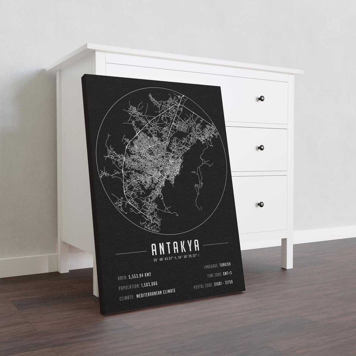 Antakya temalı kanvas tablo, 50x70 cm, siyah beyaz, ahşap çerçeveli, modern minimalist duvar dekorasyonu için ideal tasarım