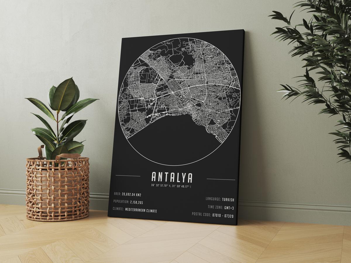 Antalya temalı kanvas tablo, 50x70 cm, siyah beyaz, ahşap çerçeveli, modern minimalist duvar dekorasyonu için ideal tasarım