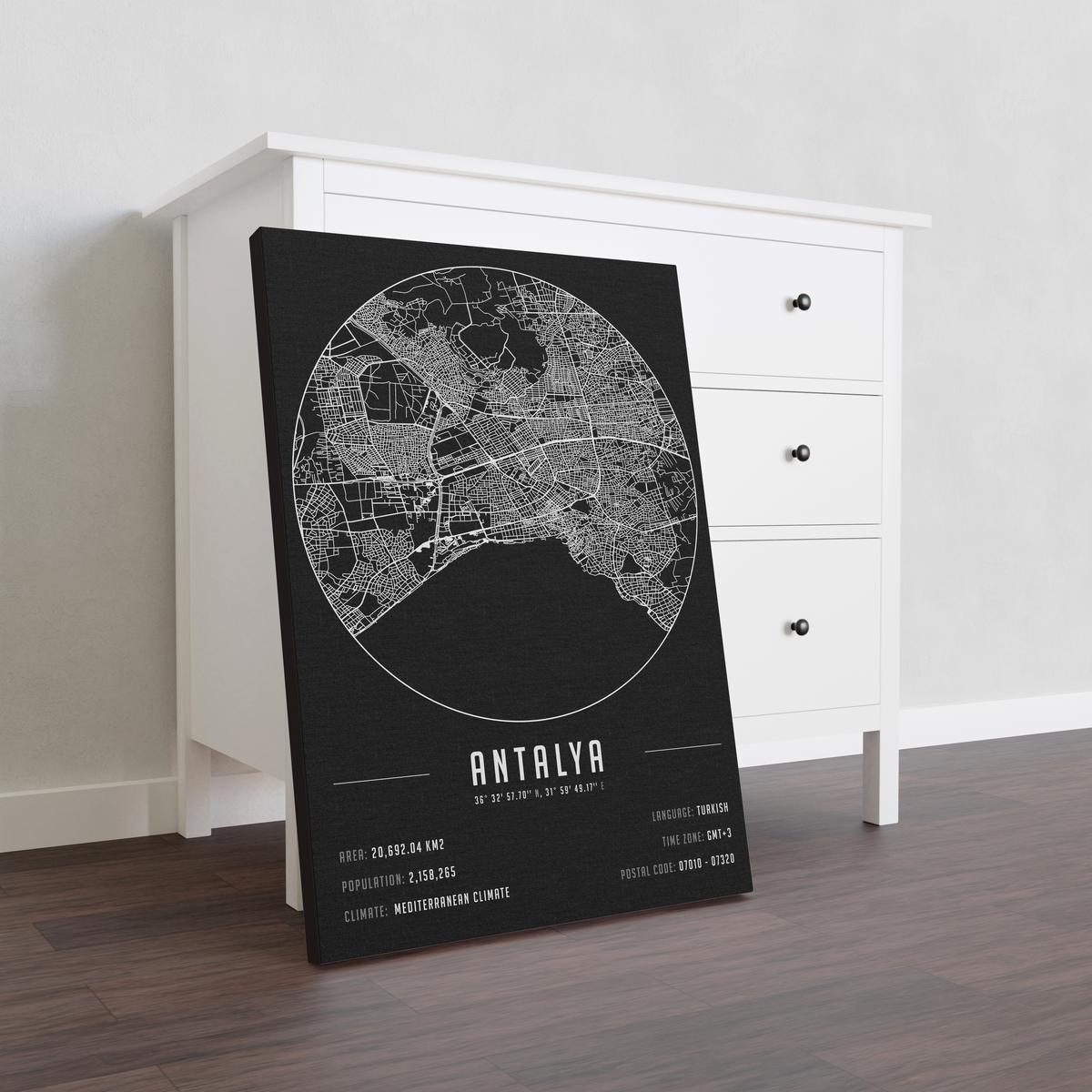 Antalya temalı kanvas tablo, 50x70 cm, siyah beyaz, ahşap çerçeveli, modern minimalist duvar dekorasyonu için ideal tasarım