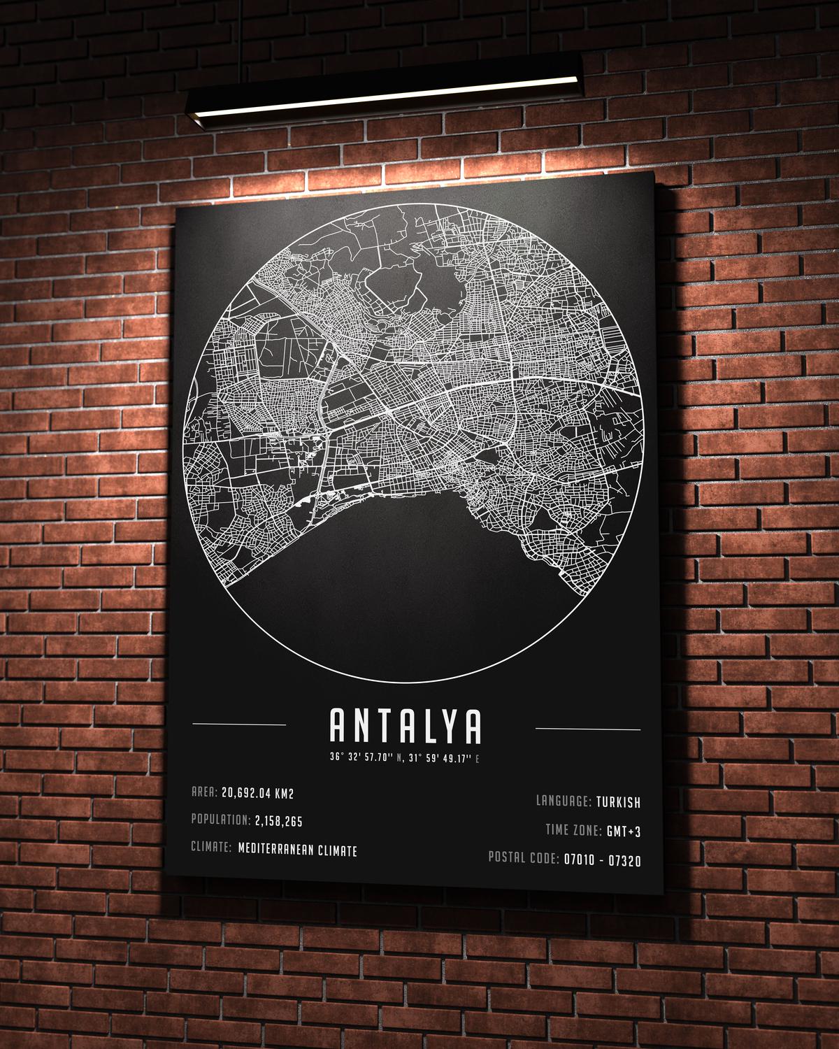 Antalya temalı kanvas tablo, 50x70 cm, siyah beyaz, ahşap çerçeveli, modern minimalist duvar dekorasyonu için ideal tasarım