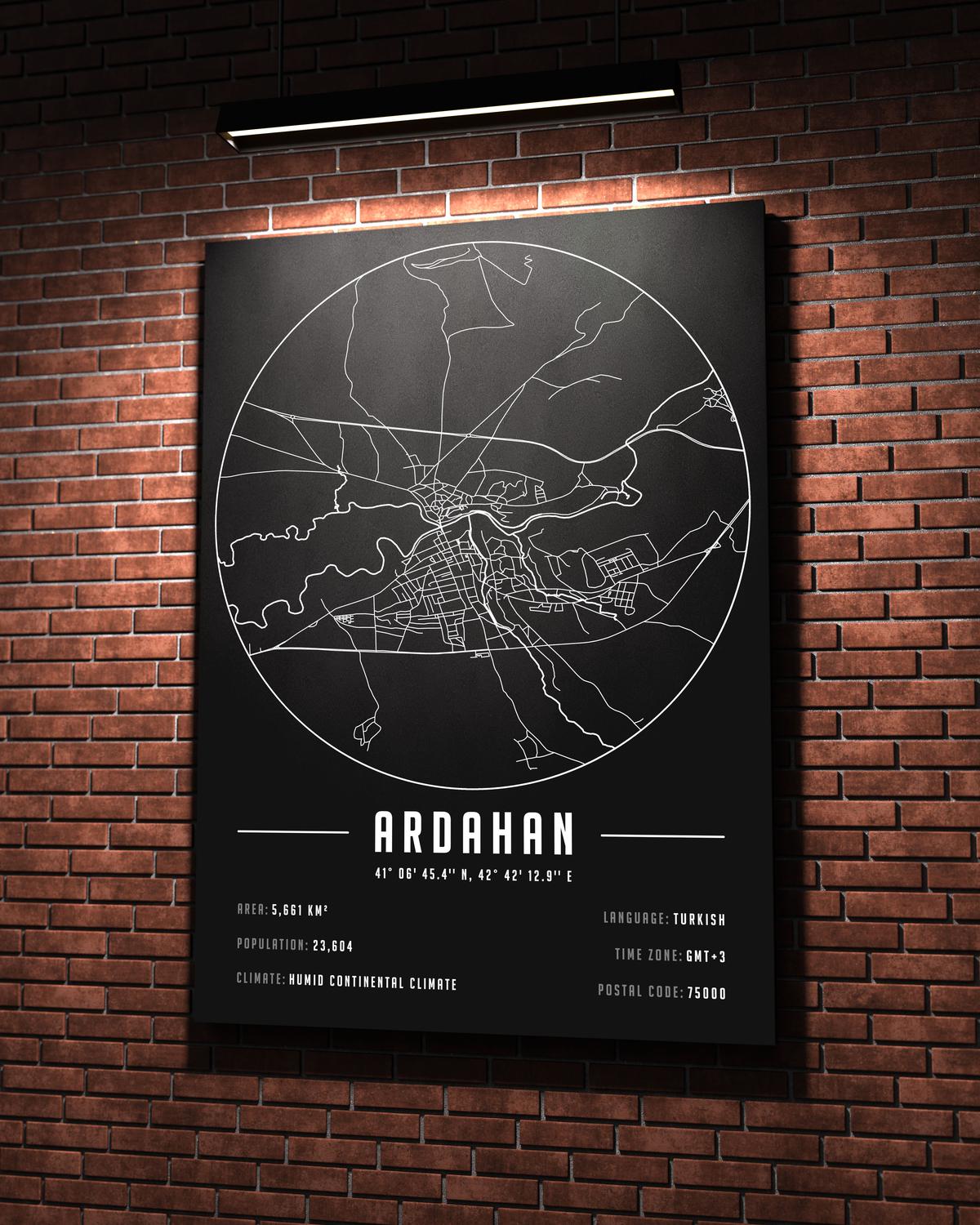 Ardahan temalı kanvas tablo, 50x70 cm, siyah beyaz, ahşap çerçeveli, modern minimalist duvar dekorasyonu için ideal tasarım