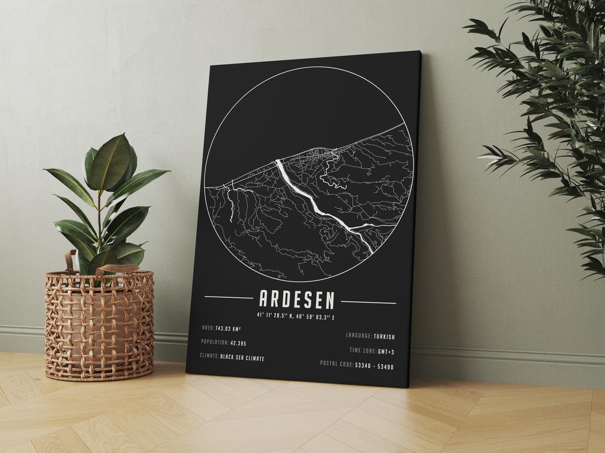 Ardeşen temalı kanvas tablo, 50x70 cm, siyah beyaz, ahşap çerçeveli, modern minimalist duvar dekorasyonu için ideal tasarım