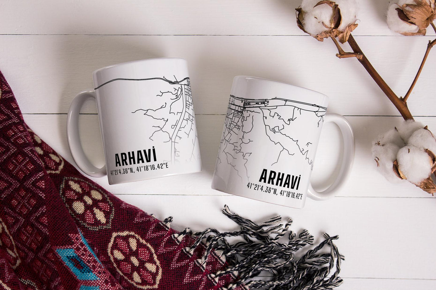 Arhavi Şehir Haritası Baskılı Porselen Kupa Bardak