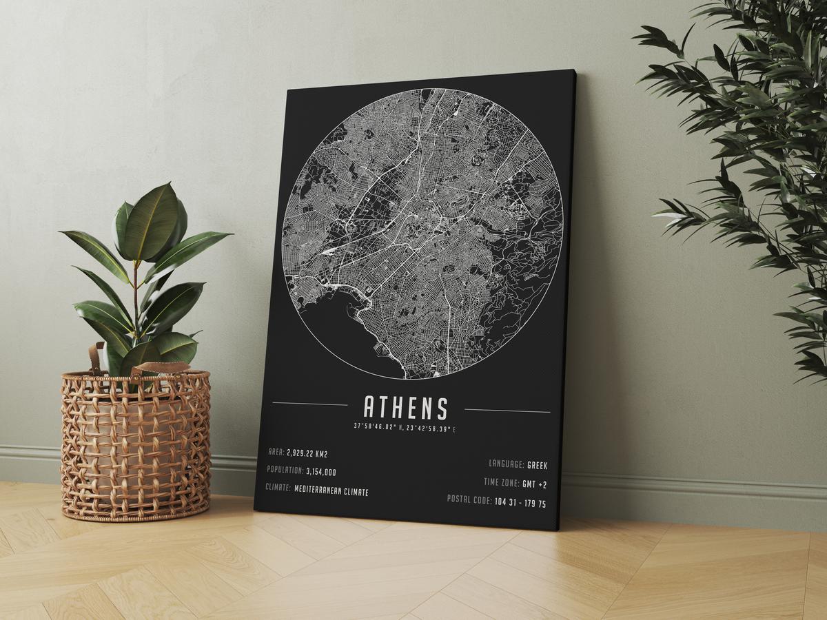 Athens temalı kanvas tablo, 50x70 cm, siyah beyaz, ahşap çerçeveli, modern minimalist duvar dekorasyonu için ideal tasarım