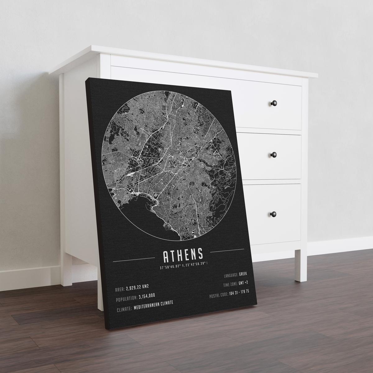 Athens temalı kanvas tablo, 50x70 cm, siyah beyaz, ahşap çerçeveli, modern minimalist duvar dekorasyonu için ideal tasarım