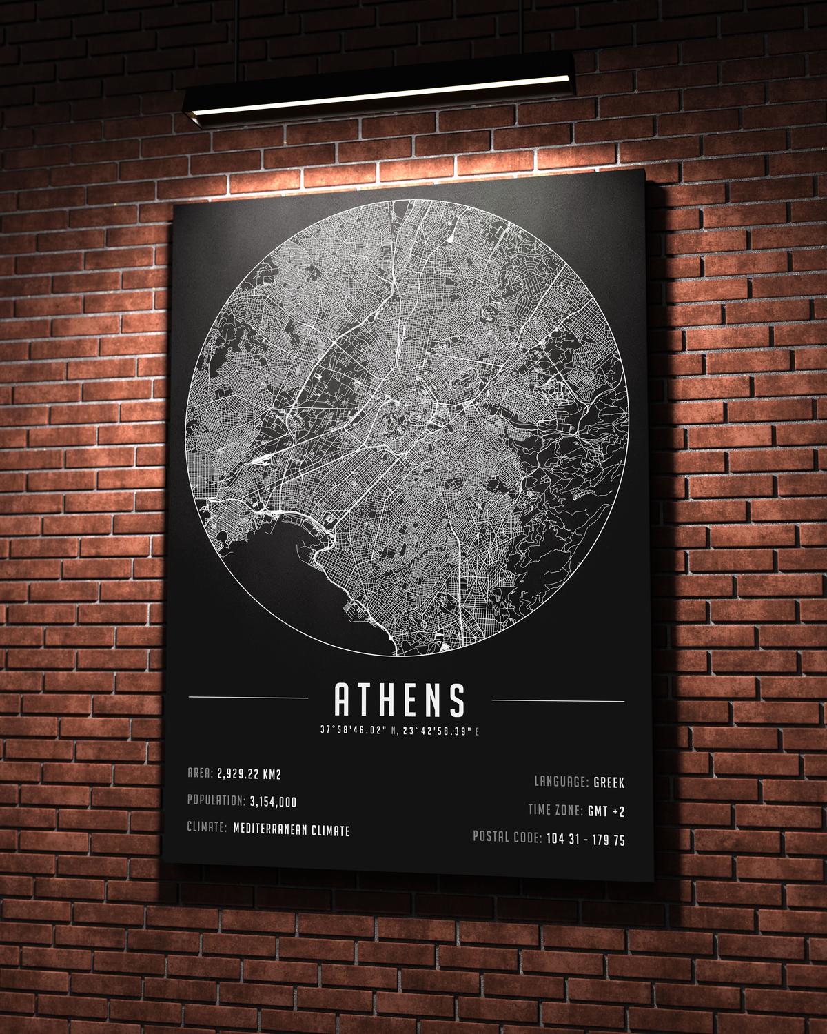 Athens temalı kanvas tablo, 50x70 cm, siyah beyaz, ahşap çerçeveli, modern minimalist duvar dekorasyonu için ideal tasarım