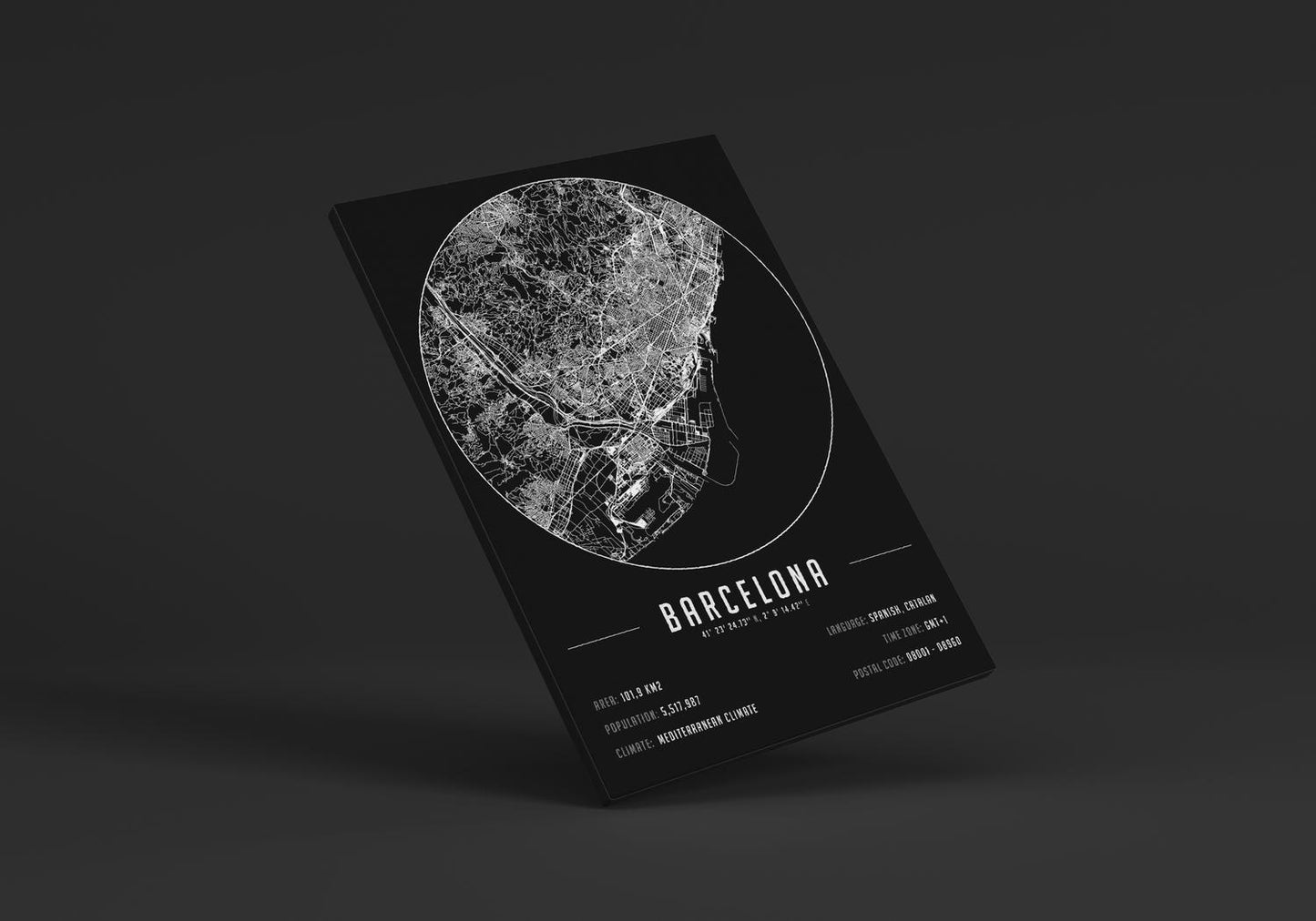 Barcelona temalı kanvas tablo, 50x70 cm, siyah beyaz, ahşap çerçeveli, modern minimalist duvar dekorasyonu için ideal tasarım