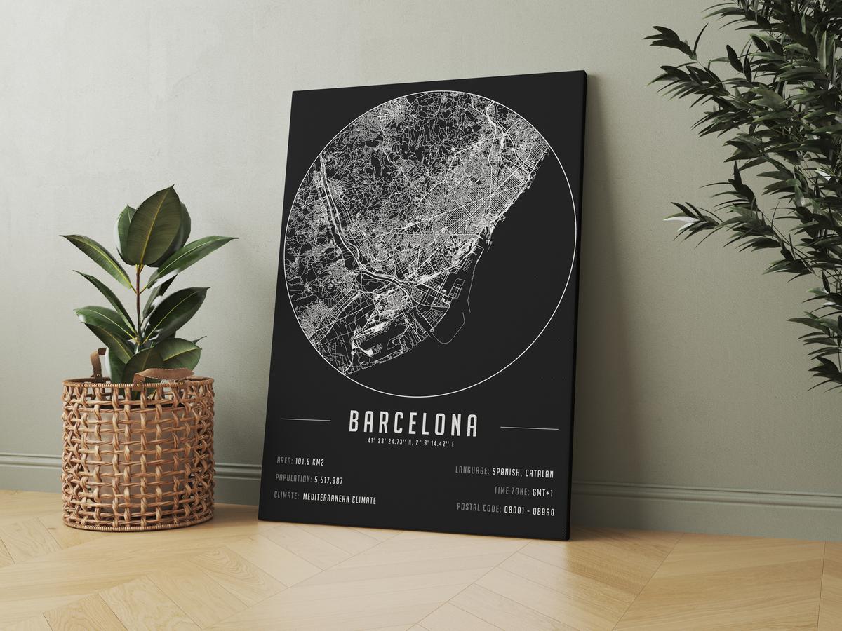 Barcelona temalı kanvas tablo, 50x70 cm, siyah beyaz, ahşap çerçeveli, modern minimalist duvar dekorasyonu için ideal tasarım