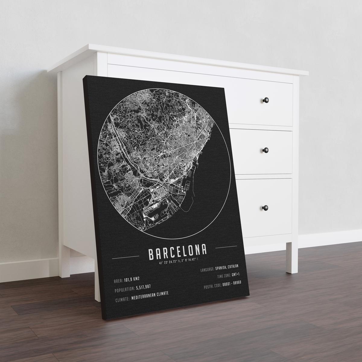 Barcelona temalı kanvas tablo, 50x70 cm, siyah beyaz, ahşap çerçeveli, modern minimalist duvar dekorasyonu için ideal tasarım