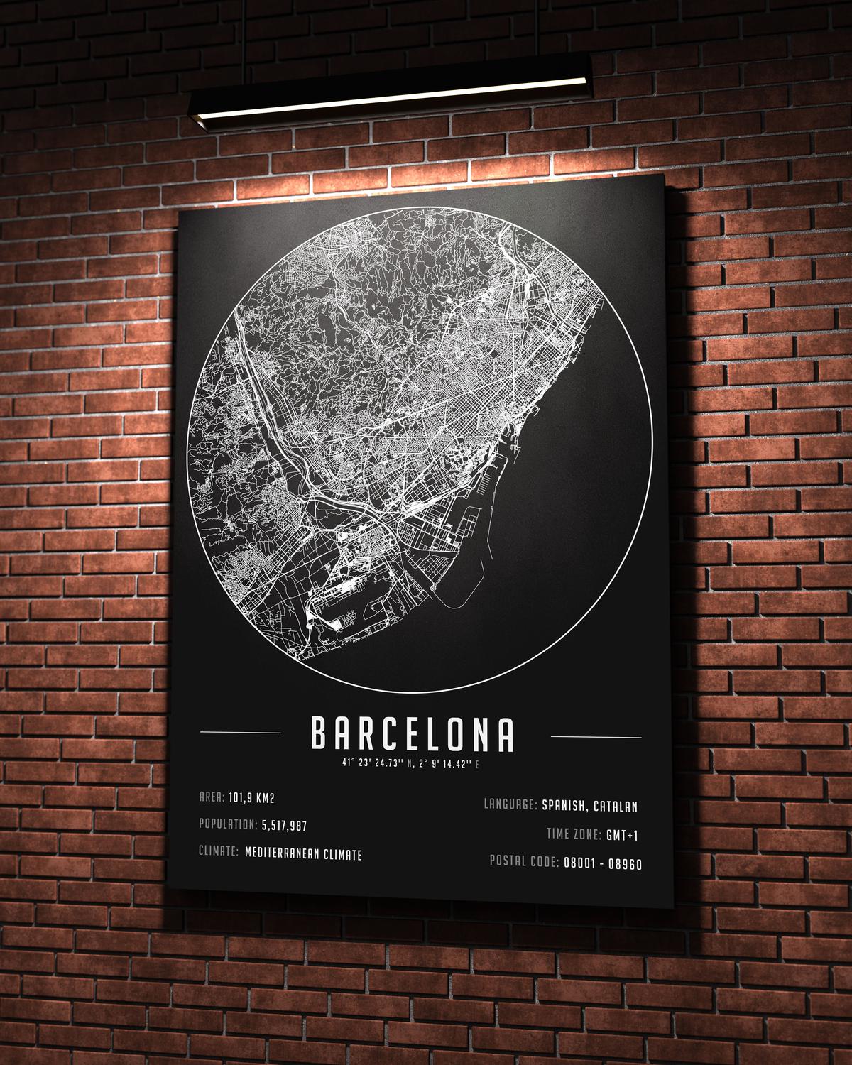 Barcelona temalı kanvas tablo, 50x70 cm, siyah beyaz, ahşap çerçeveli, modern minimalist duvar dekorasyonu için ideal tasarım