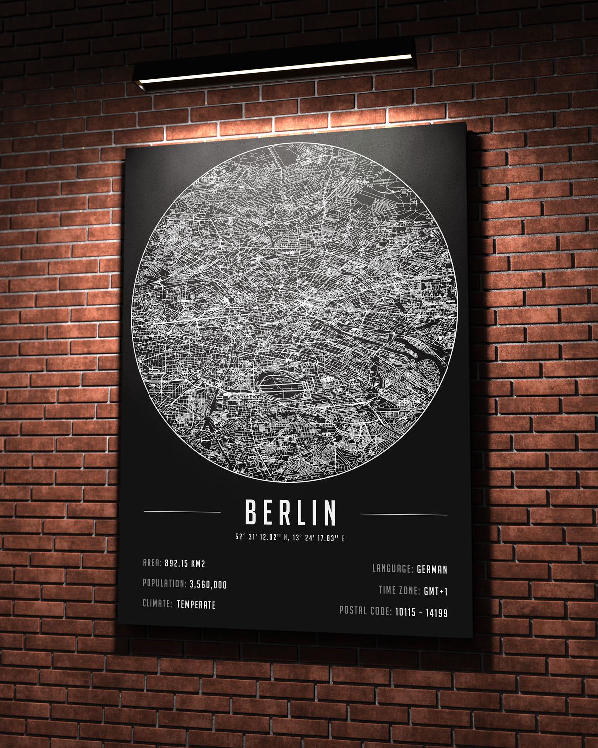 Berlin temalı kanvas tablo, 50x70 cm, siyah beyaz, ahşap çerçeveli, modern minimalist duvar dekorasyonu için ideal tasarım