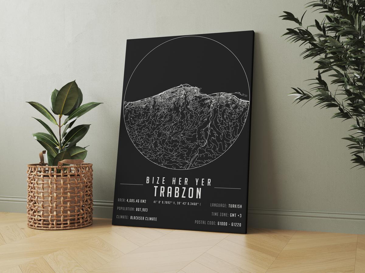 Bize Her Yer Trabzon yazılı kanvas tablo, 50x70 cm siyah beyaz, çerçeveli modern minimal duvar dekorasyonu için ideal tasarım