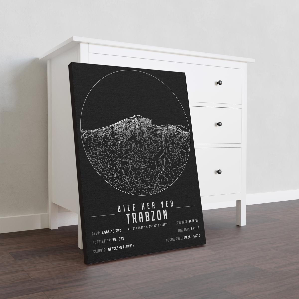 Bize Her Yer Trabzon yazılı kanvas tablo, 50x70 cm siyah beyaz, çerçeveli modern minimal duvar dekorasyonu için ideal tasarım