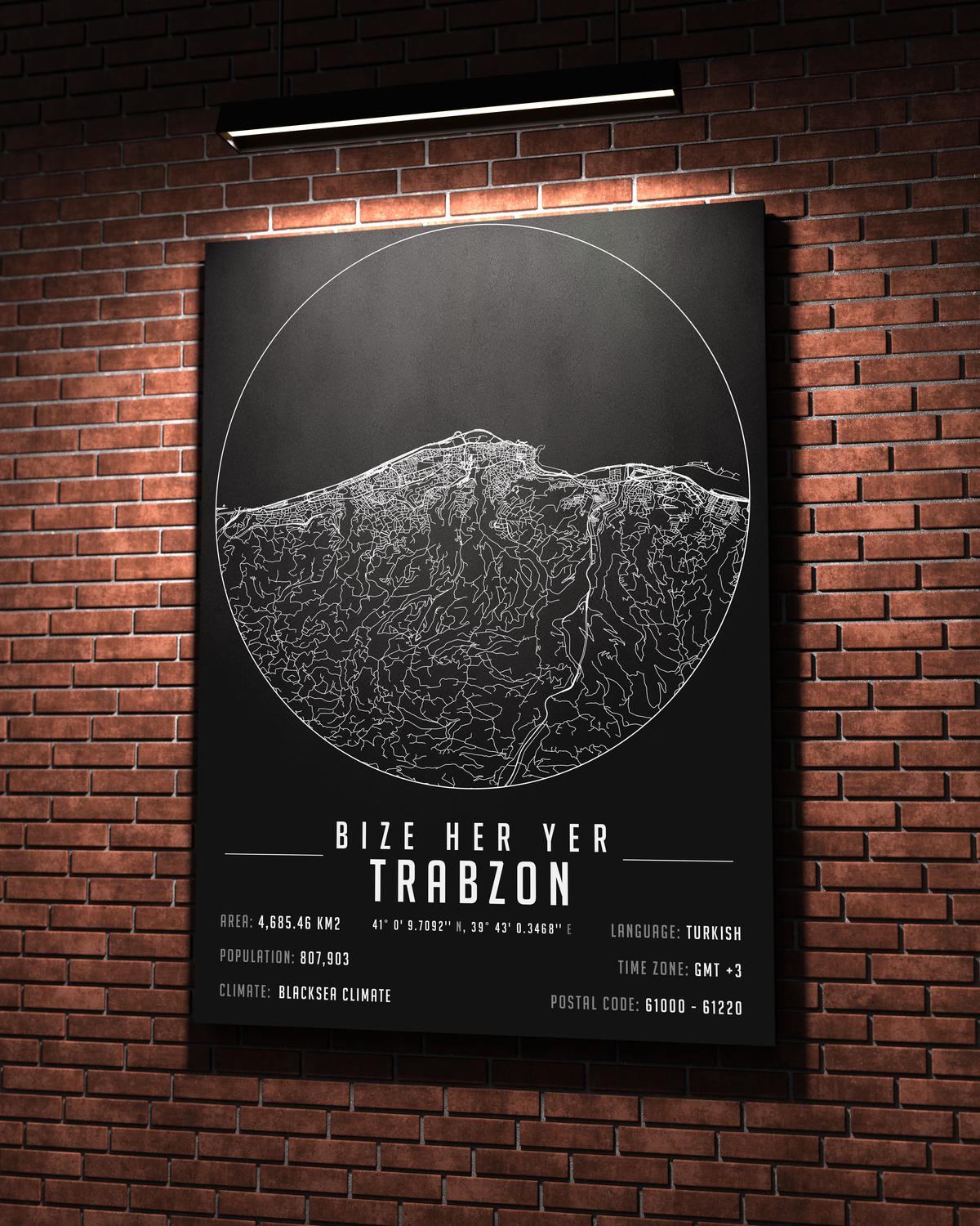 Bize Her Yer Trabzon yazılı kanvas tablo, 50x70 cm siyah beyaz, çerçeveli modern minimal duvar dekorasyonu için ideal tasarım