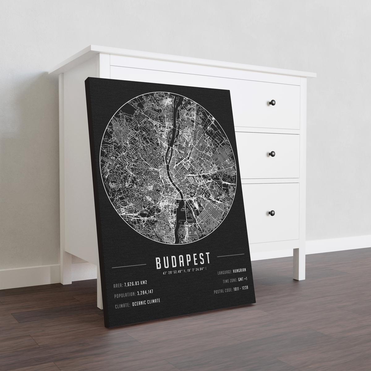 Budapest temalı kanvas tablo, 50x70 cm, siyah beyaz, ahşap çerçeveli, modern minimalist duvar dekorasyonu için ideal tasarım