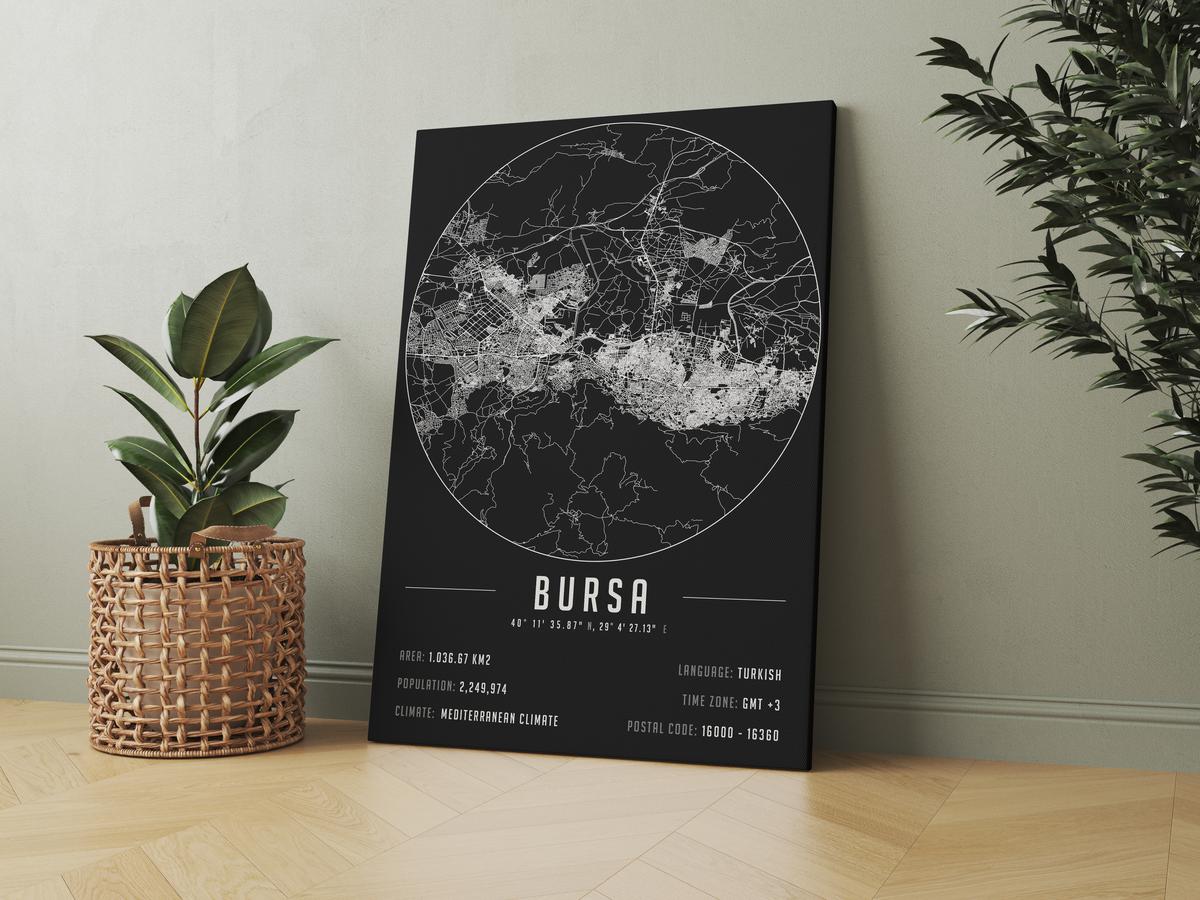 Bursa temalı kanvas tablo, 50x70 cm, siyah beyaz, ahşap çerçeveli, modern minimalist duvar dekorasyonu için ideal tasarım