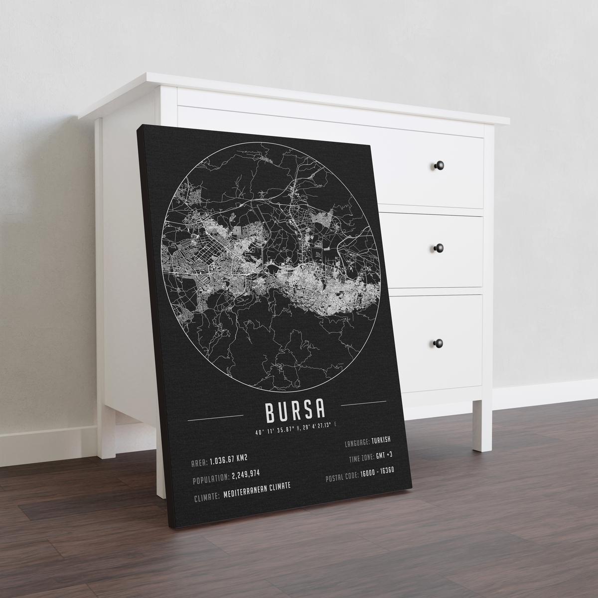 Bursa temalı kanvas tablo, 50x70 cm, siyah beyaz, ahşap çerçeveli, modern minimalist duvar dekorasyonu için ideal tasarım