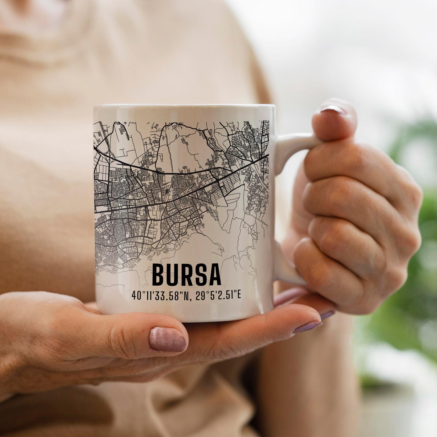 Bursa Şehir Haritası Baskılı Porselen Kupa Bardak