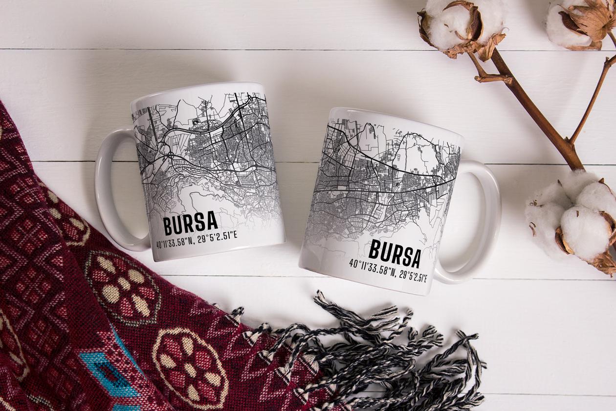 Bursa Şehir Haritası Baskılı Porselen Kupa Bardak