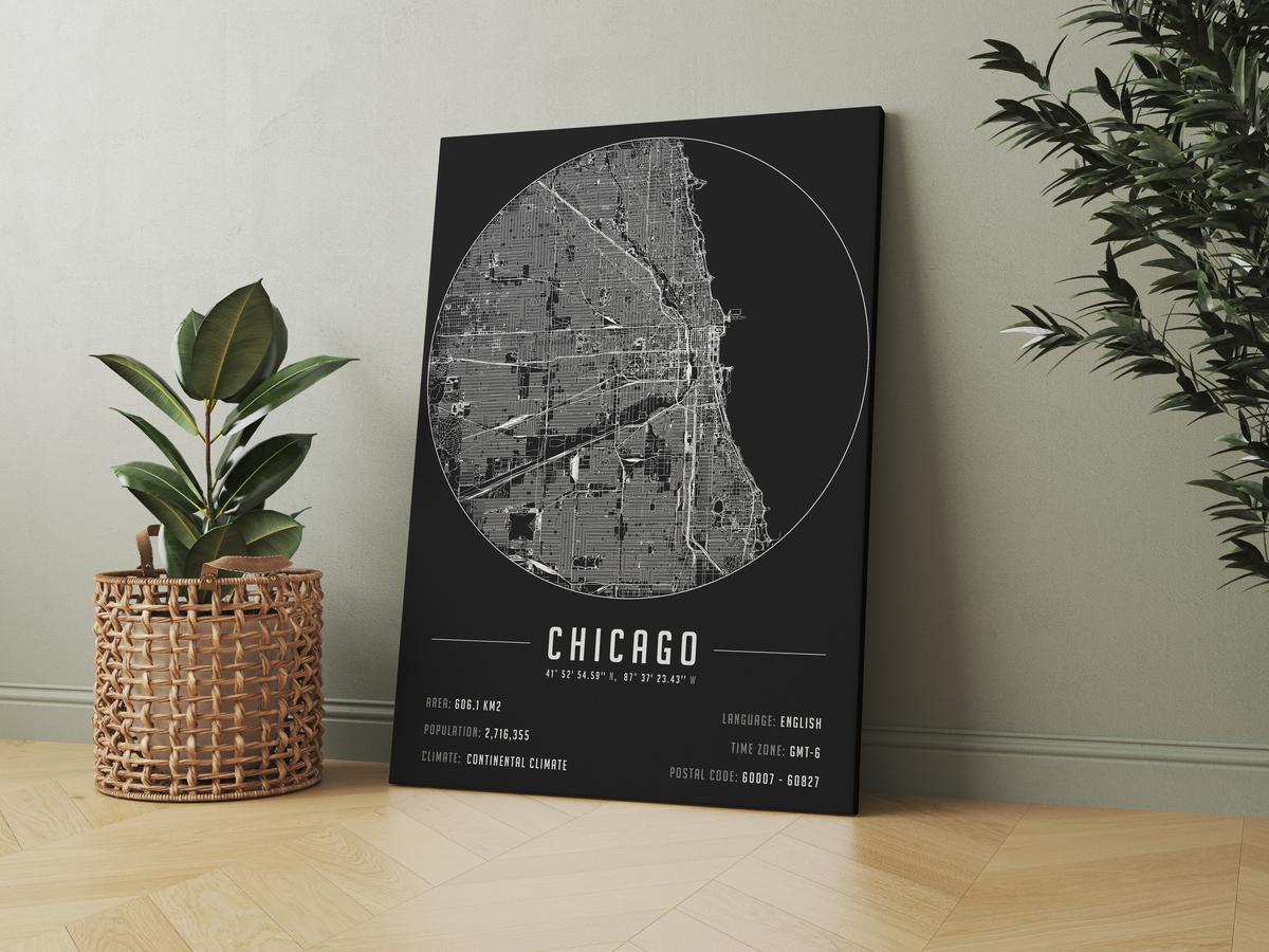 Chicago temalı kanvas tablo, 50x70 cm, siyah beyaz, ahşap çerçeveli, modern minimalist duvar dekorasyonu için ideal tasarım