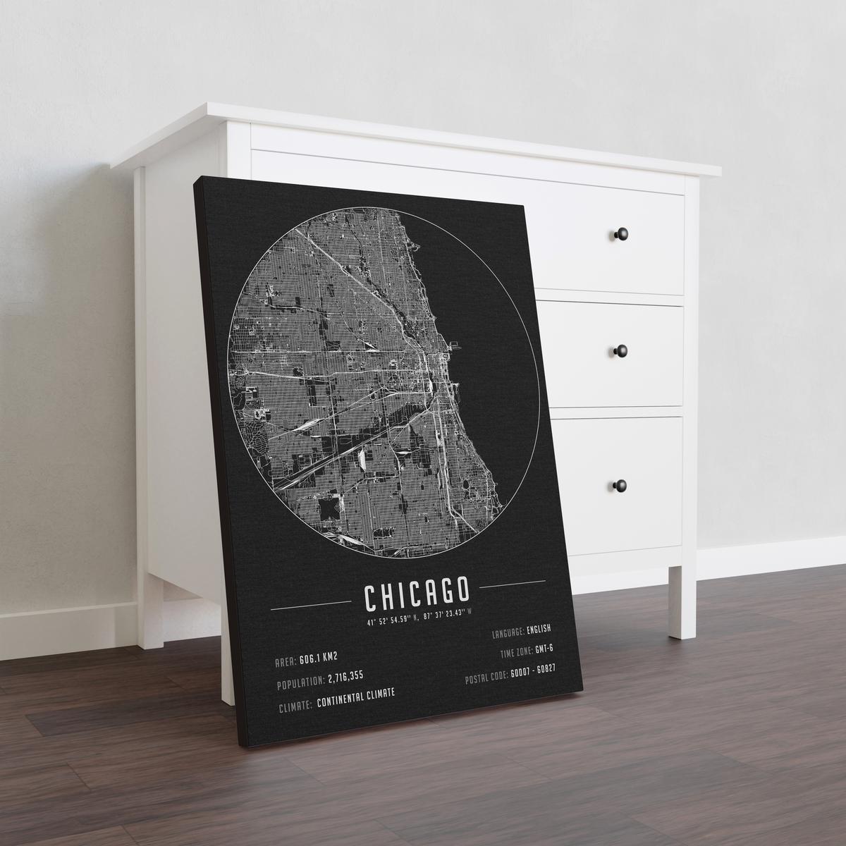 Chicago temalı kanvas tablo, 50x70 cm, siyah beyaz, ahşap çerçeveli, modern minimalist duvar dekorasyonu için ideal tasarım