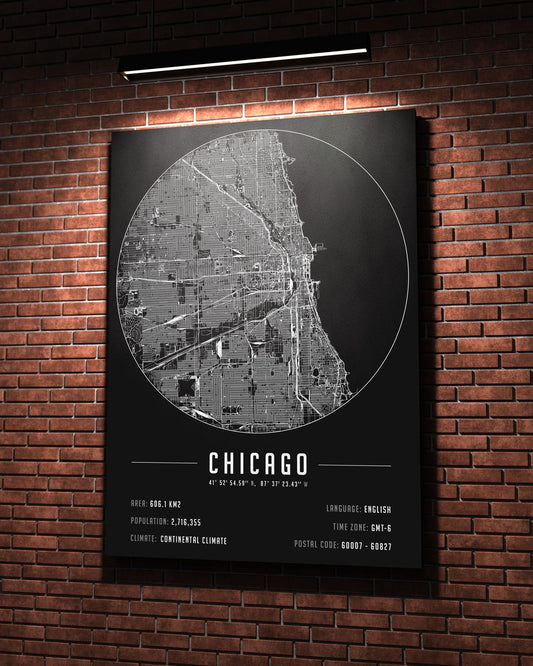 Chicago Şehir Haritası 50 x 70 cm Kanvas Tablo