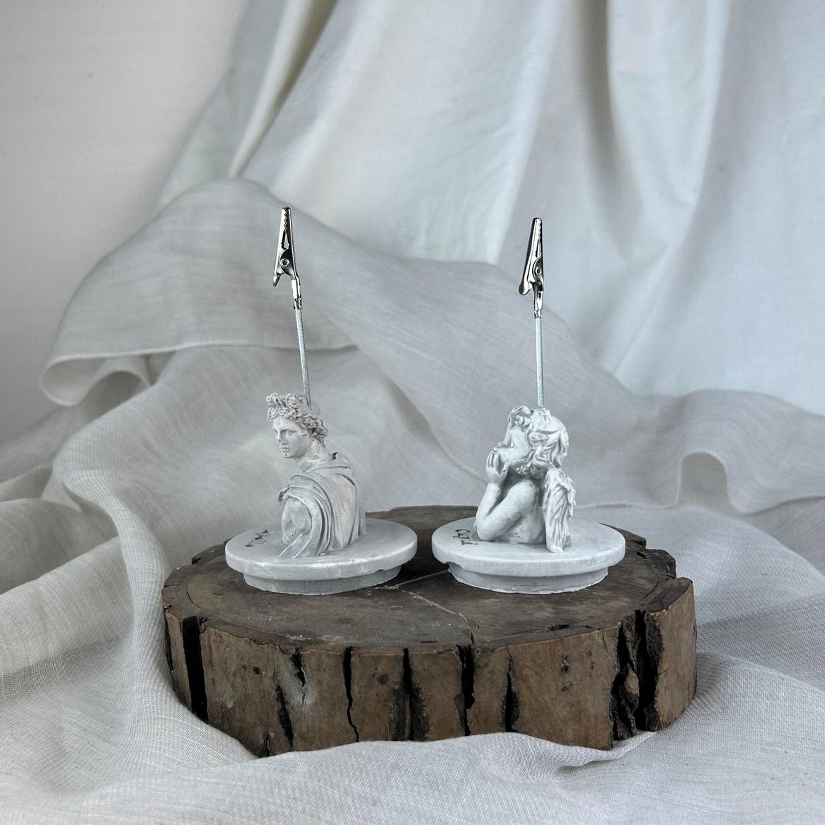 Gri Eskitme Apollo ve Cupid ( Melek ) Kaideli Heykel 2'li Not Tutucu Set