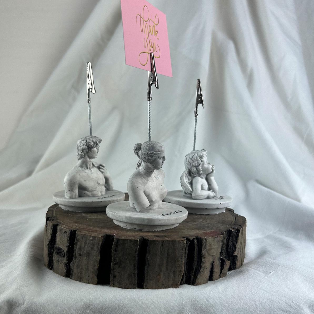 Gri Eskitme David, Cupid (Melek) ve Venus Kaideli Heykel 3'lü Not Tutucu Set