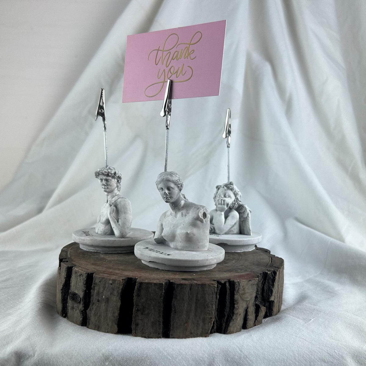 Gri Eskitme David, Cupid (Melek) ve Venus Kaideli Heykel 3'lü Not Tutucu Set