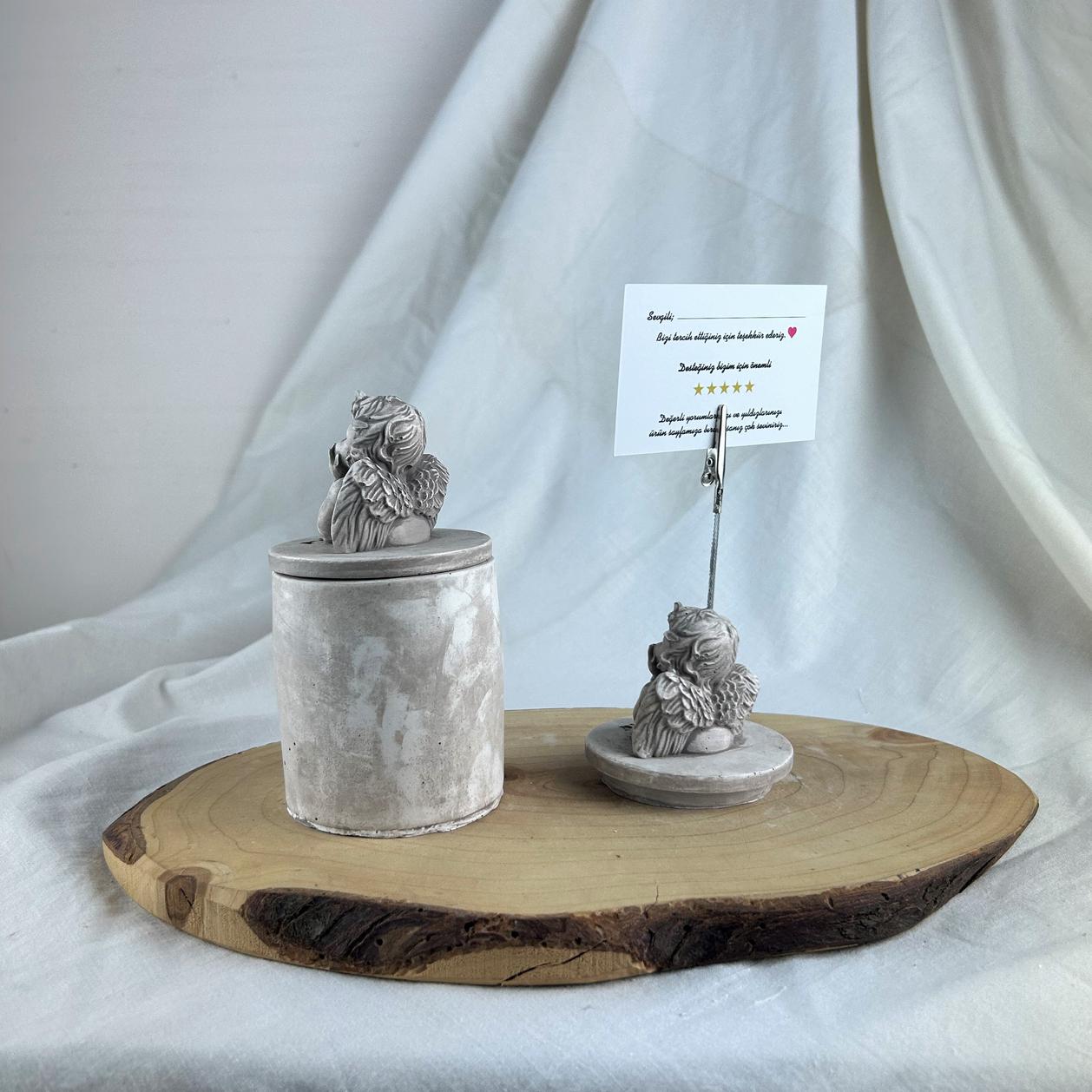 Vizon Eskitme Cupid (Melek) Kapaklı Kutu ve Cupid Kaideli Heykel Not Tutucu 2'li Set