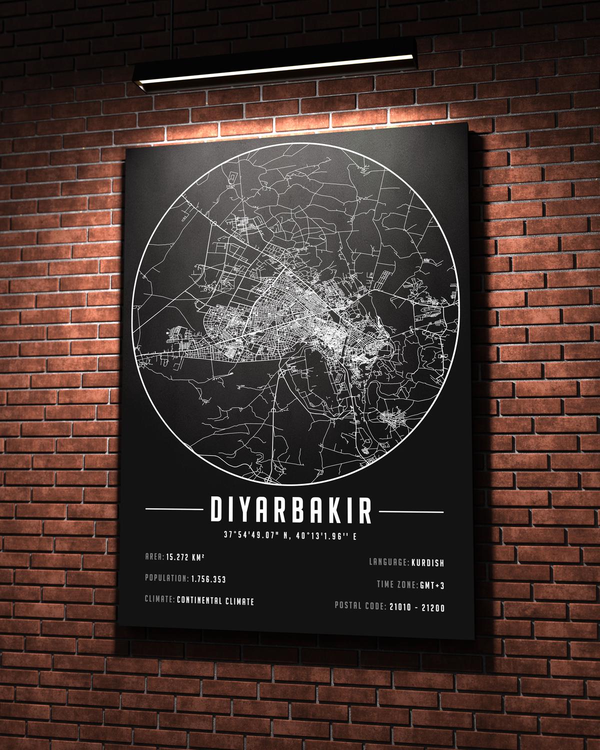 Diyarbakır temalı kanvas tablo, 50x70 cm, siyah beyaz, ahşap çerçeveli modern minimalist duvar dekorasyonu için ideal tasarım