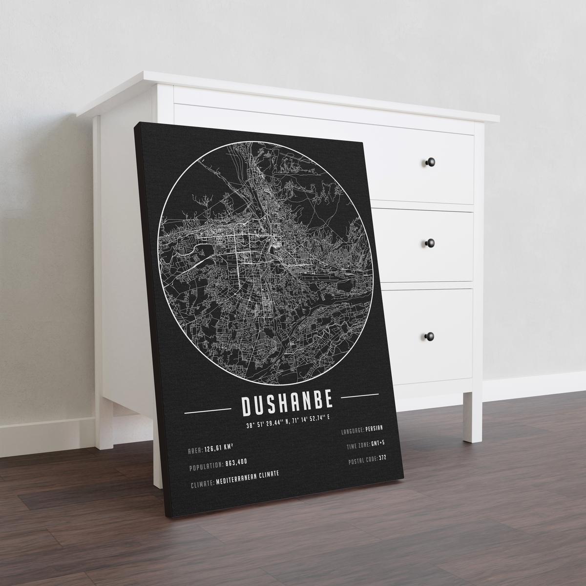 Dushanbe temalı kanvas tablo, 50x70 cm, siyah beyaz, ahşap çerçeveli, modern minimalist duvar dekorasyonu için ideal tasarım