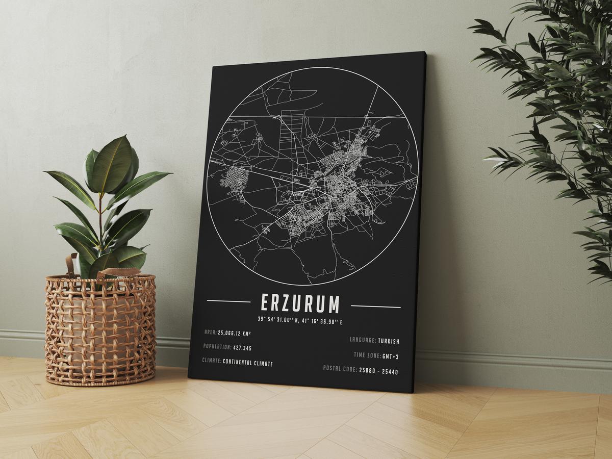 Erzurum temalı kanvas tablo, 50x70 cm, siyah beyaz, ahşap çerçeveli, modern minimalist duvar dekorasyonu için ideal tasarım