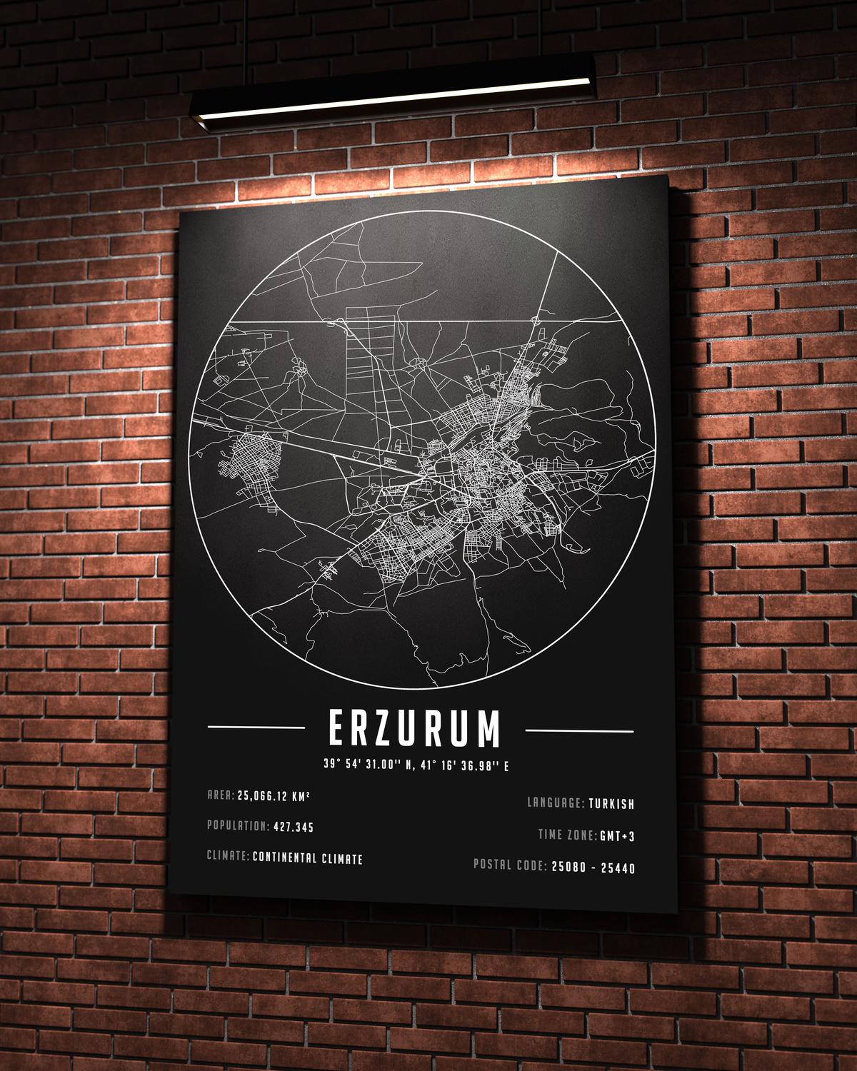 Erzurum temalı kanvas tablo, 50x70 cm, siyah beyaz, ahşap çerçeveli, modern minimalist duvar dekorasyonu için ideal tasarım