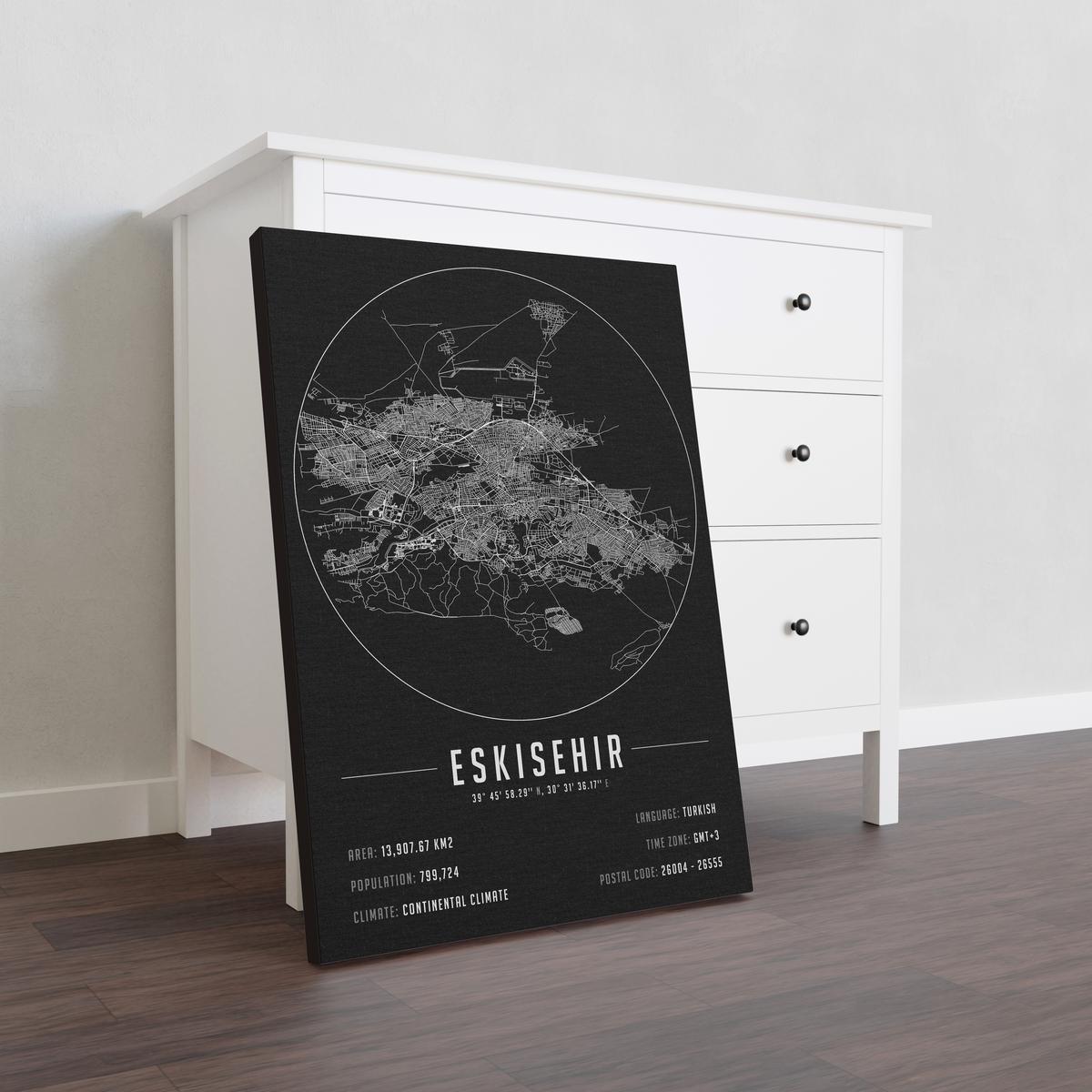 Eskişehir temalı kanvas tablo, 50x70 cm, siyah beyaz, ahşap çerçeveli, modern minimalist duvar dekorasyonu için ideal tasarım