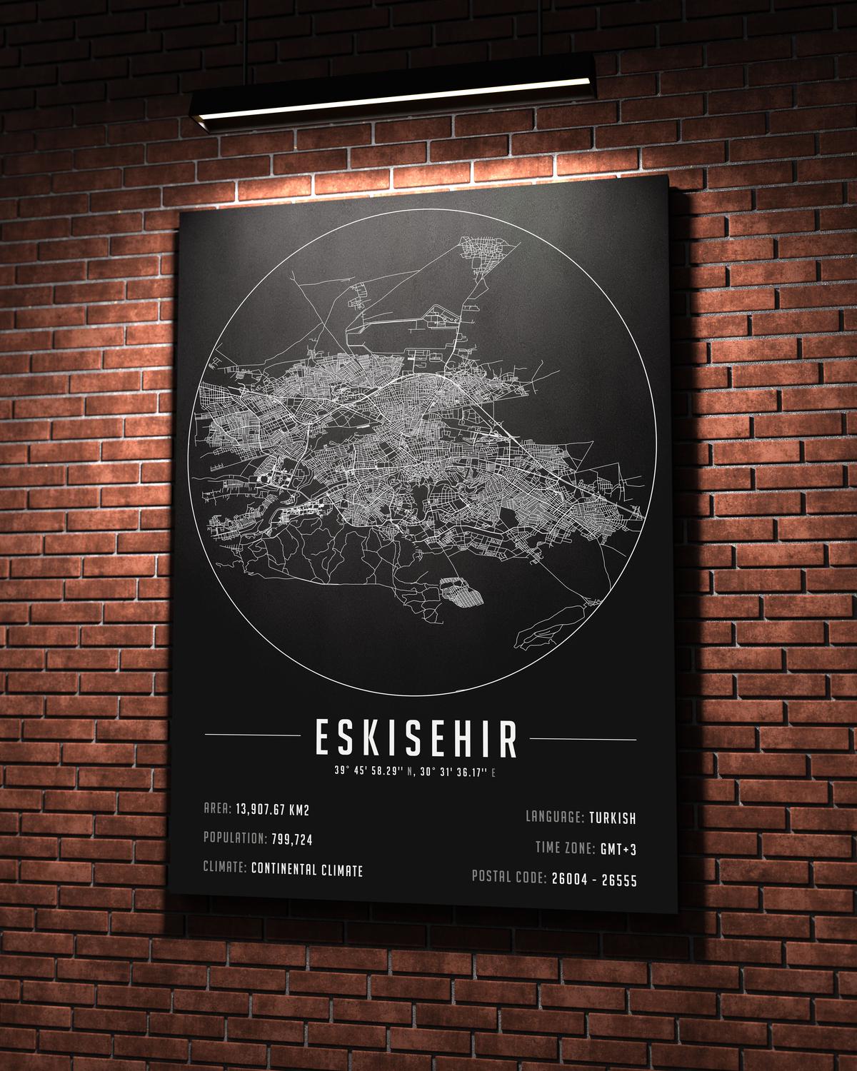 Eskişehir temalı kanvas tablo, 50x70 cm, siyah beyaz, ahşap çerçeveli, modern minimalist duvar dekorasyonu için ideal tasarım