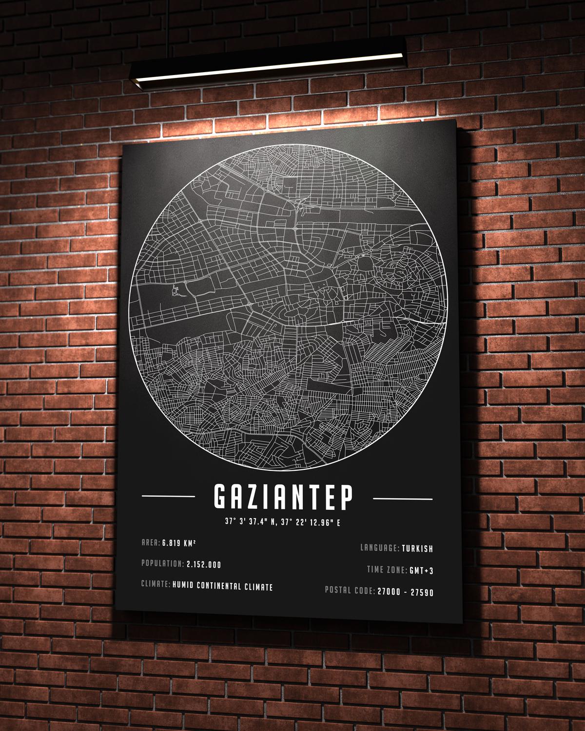 Gaziantep temalı kanvas tablo, 50x70 cm, siyah beyaz, ahşap çerçeveli, modern minimalist duvar dekorasyonu için ideal tasarım