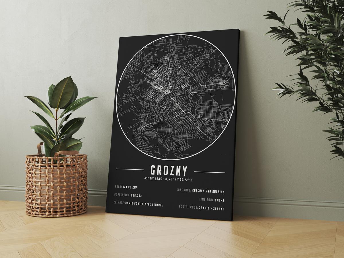 Grozny temalı kanvas tablo, 50x70 cm, siyah beyaz, ahşap çerçeveli, modern minimalist duvar dekorasyonu için ideal tasarım