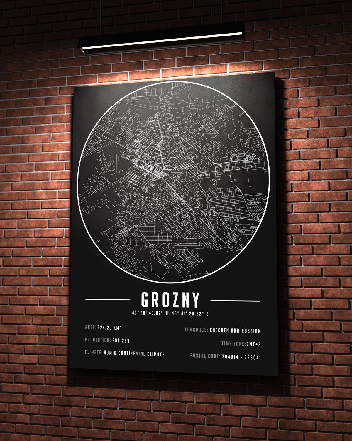 Grozny temalı kanvas tablo, 50x70 cm, siyah beyaz, ahşap çerçeveli, modern minimalist duvar dekorasyonu için ideal tasarım