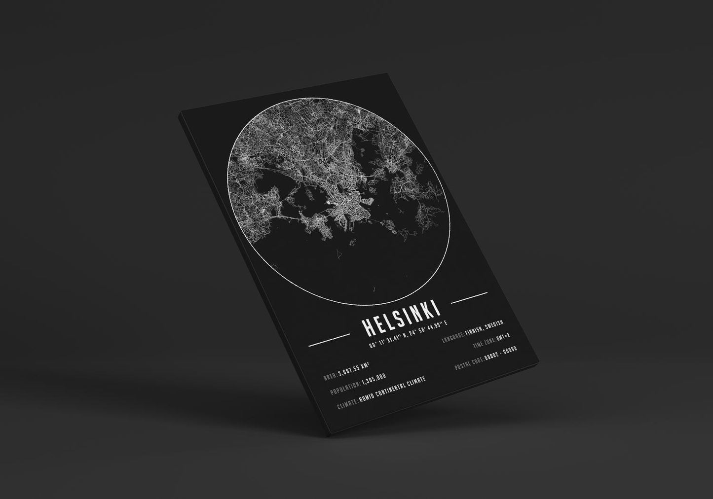 Helsinki temalı kanvas tablo, 50x70 cm, siyah beyaz, ahşap çerçeveli, modern minimalist duvar dekorasyonu için ideal tasarım