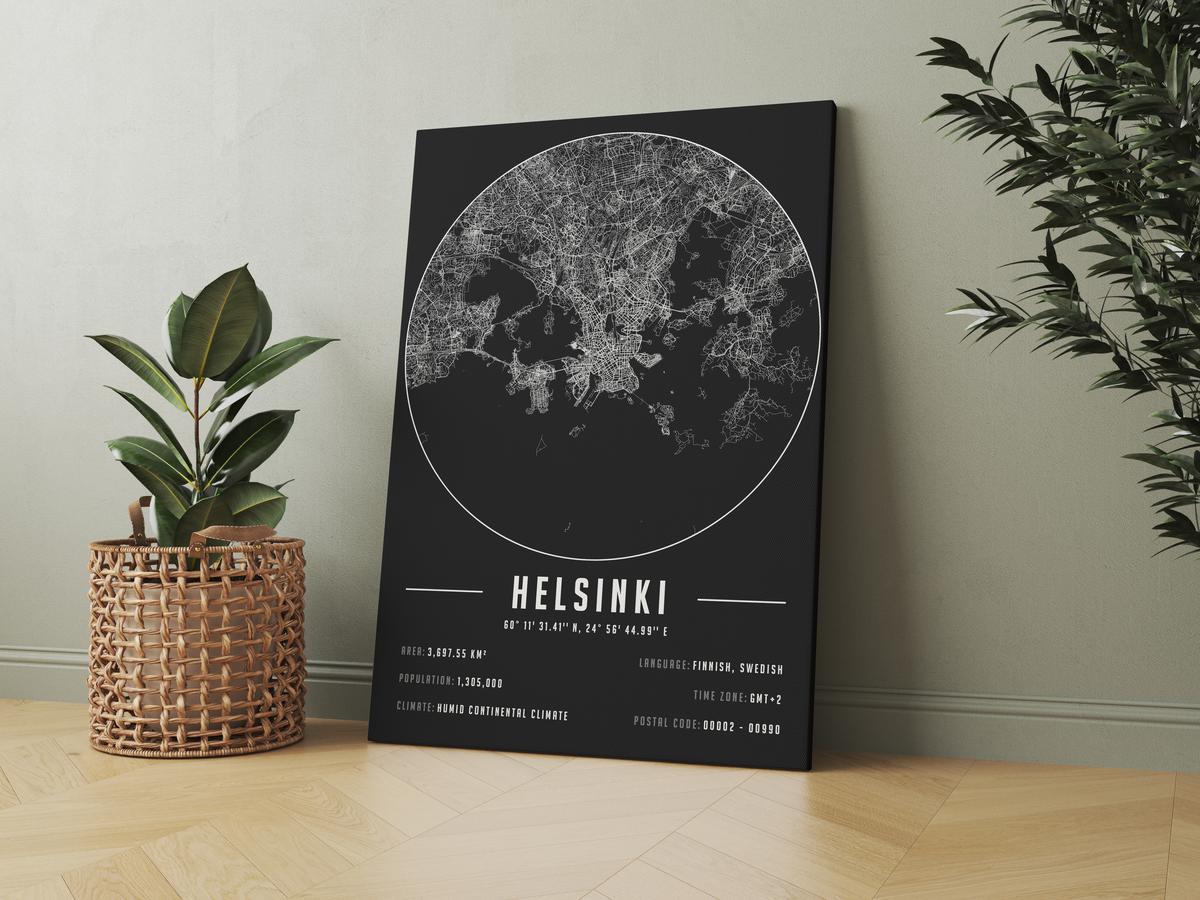 Helsinki temalı kanvas tablo, 50x70 cm, siyah beyaz, ahşap çerçeveli, modern minimalist duvar dekorasyonu için ideal tasarım