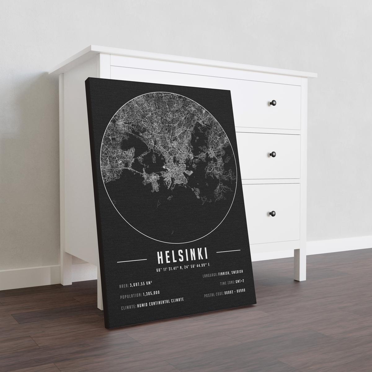 Helsinki temalı kanvas tablo, 50x70 cm, siyah beyaz, ahşap çerçeveli, modern minimalist duvar dekorasyonu için ideal tasarım